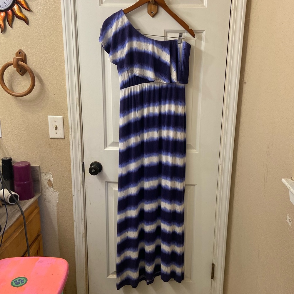 Soma Blue and White One Shoulder Flutter Sleeve Sundress Size Medium